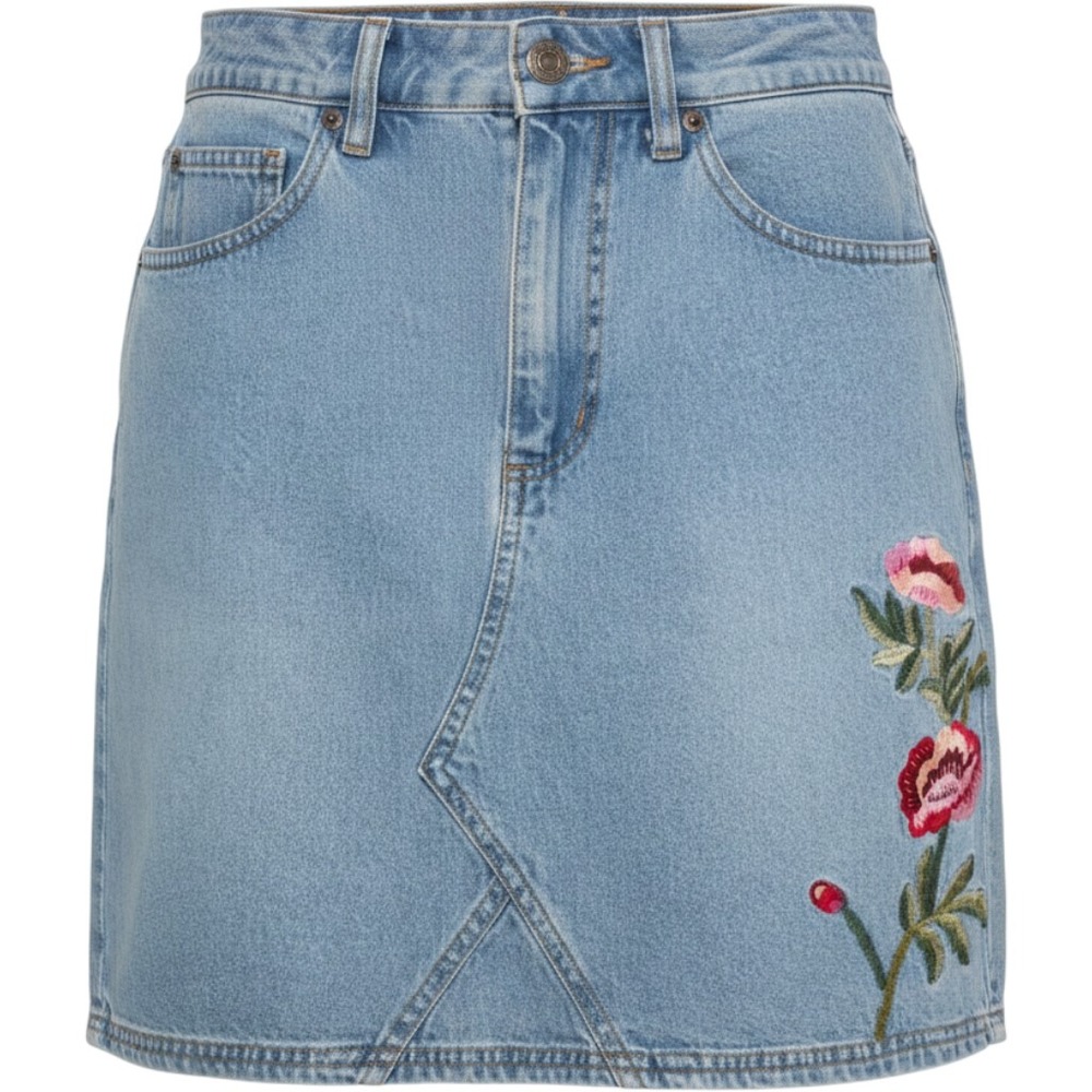 VTG 90s Que Pasa Embroidered Denim Skirt Size 5/6‎ 100% Cotton Floral Mini Boho